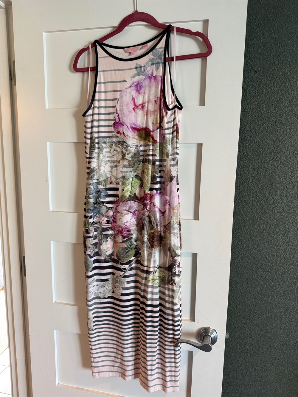 Ted Baker Floral Striped Sleeveless Midi Dress in Pink and Black